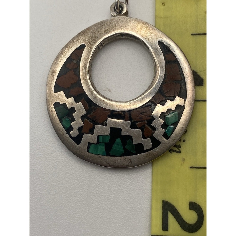 Sterling Silver 925 Mexico Green & Red Stone 1.5 In Circular Flat Hoop Pendant